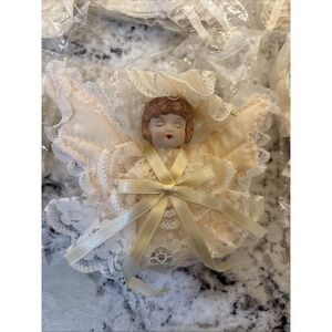 8 Vintage Christmas Ornament Victorian Lace Angel Bisque Porcelain Face Midwest